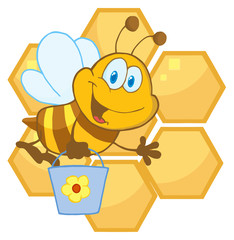 Bee Cartoon Character In Front Of A Orange Bee Hives