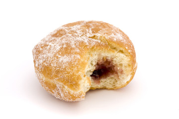 jam doughnut witha bite missing over white