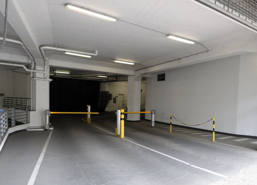 Entrance ramp to underground parking garage.
