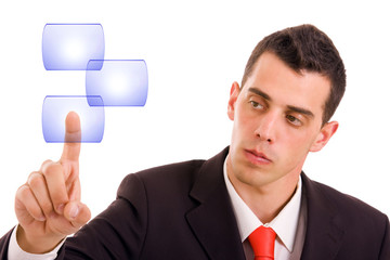 young business man pressing a touchscreen button, isolated in wh