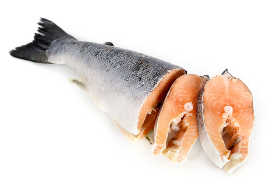 salmon slices on white