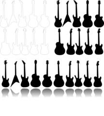 Eine Gruppe von 3 mal 10 gestellten E-Gitarren mit Spiegelung