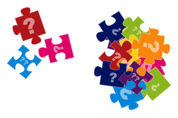 Puzzleteile mit Fragezeichen auf Haufen