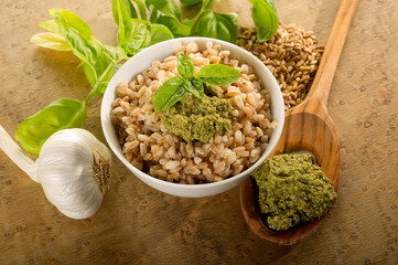spetl with pesto- farro al pesto