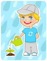 Eco-friendly boy water a plant