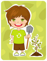 Eco-friendly boy plant a tree