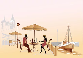 Photo sur Plexiglas Café de rue dessiné Rendez-vous romantique au café de la rue