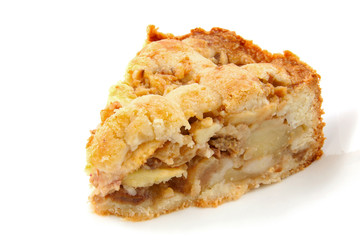 Piece of apple pie over white background