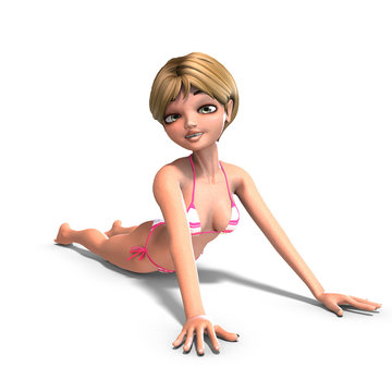 cute and funny cartoon girl wearing a two piece bikini. 3D rende