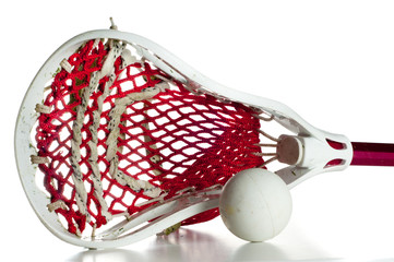 White Lacrosse Head with Red Meshing and Grey Ball