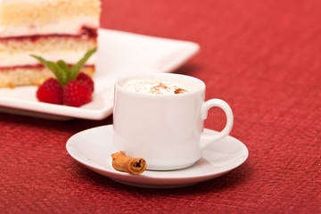 Strawberry cake with cappuccino