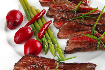 meat slices on white dish