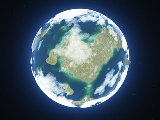 Small planet with clouds and stars. Illustration.