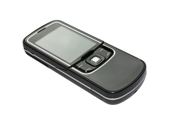 Закрытый черный мобильный телефон на белом фоне