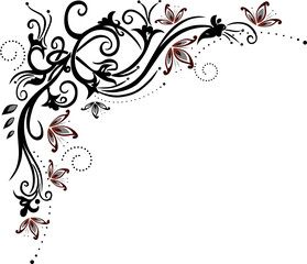 Ranke, floral, filigran, Blumen, Bl&auml;tter, rot, schwarz