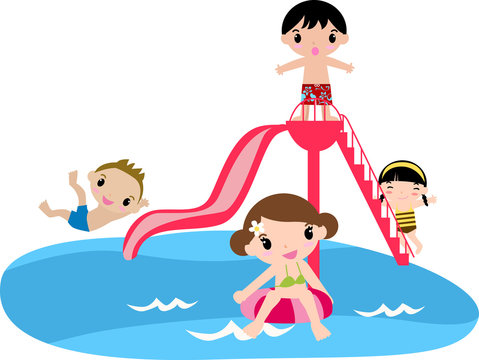 kids playing water slide, pool, cartoon style clip art preview
