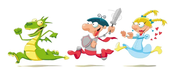 Tuinposter Dragon, Prince and Princess. Cartoon and vector scene. © ddraw