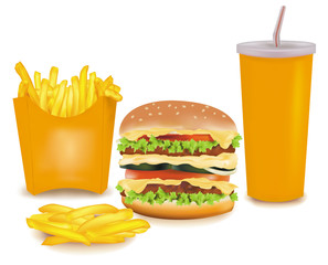 Photo-realistic vector. Big group of fast food products.
