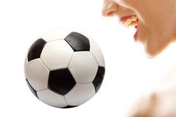 crying beauty with a classic soccer ball (isolated)
