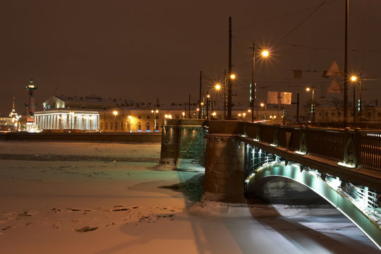 Russia, Exchange Bridge and Exchange in night