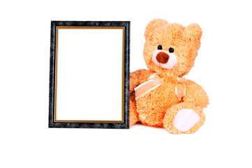 Beige toy teddy bear with frame for baby photography
