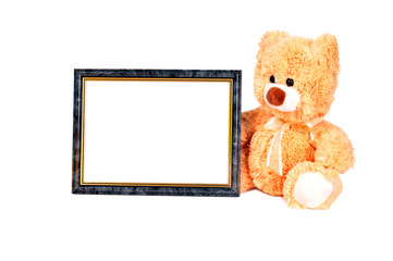 Beige toy teddy bear with frame for baby photography