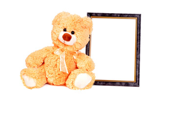 Beige toy teddy bear with frame for baby photography