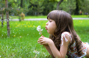Beautiful young girl blow dandelions outdoor