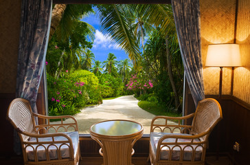 Hotel room and tropical landscape