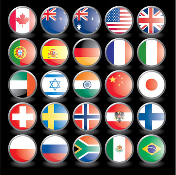 Web buttons with flags on black background. eps 10.