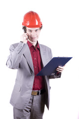 smiling engineer talking on phone