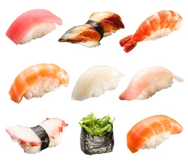 Muurstickers Japanse sushi geïsoleerd op een witte achtergrond © volff