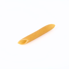 Single raw penne on white background