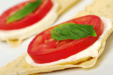 Tomato, Mozzarella, Basil, Crocantini (Selective Focus)