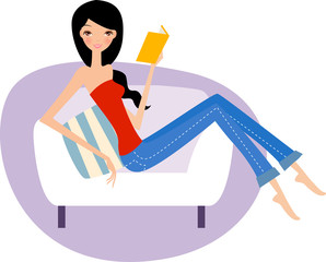 pretty girl reading book on sofa