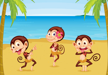 Obraz na płótnie Canvas Three Monkeys on a Beach