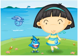 Poster Een meisje dat in de buurt van de zee staat © GraphicsRF