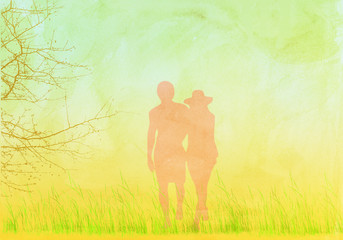 washed out illustration of couple in field