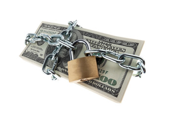 pn[92FVP2I] Dollar Geldscheine mit Schloss und Kette.