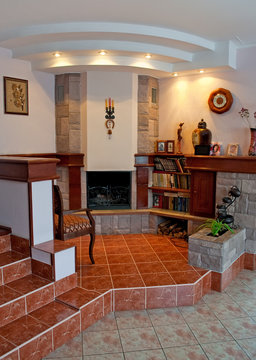 Fireplace in a hall.