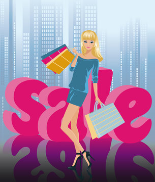 Blonde girl in shopping and  word SALE in 3D image. vector