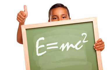 Proud Hispanic Boy Holding Chalkboard with Theory of Relativity