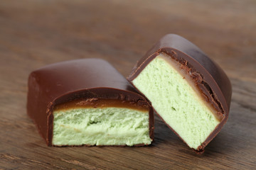 Pistachio bar with caramel and chocolate