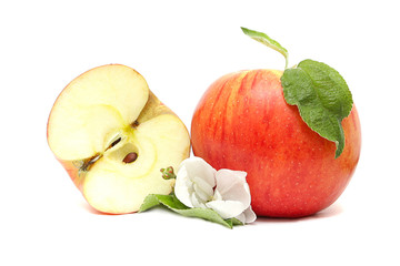 Red apple, half and flower on a white background