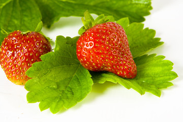 red strawberry fruits isolated on white (shallow DOF)