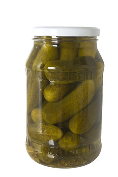 jar of pickled cucumbers isolated on a white background