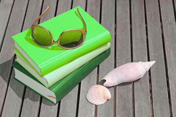 grüner Bücherstapel im Urlaub mit Sonnenbrille und Muscheln