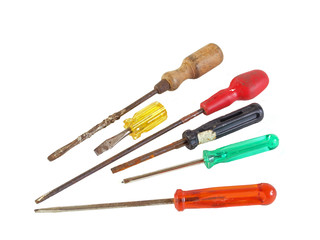 Old, rusty screwdrivers on a plain white background.