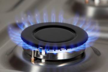 A flame on the gas burner