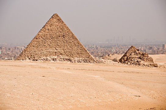 Ancient Egyptian pyramid of Giza against blue sky